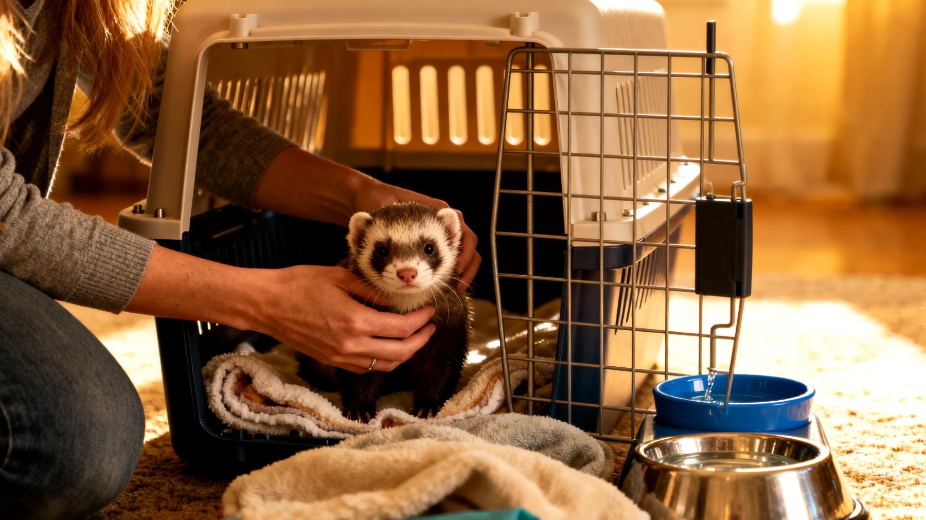 Frettchen benötigen während einer Reise spezielle Pflegeprodukte und Zubehör, um Stress zu minimieren und ihre Sicherheit zu gewährleisten, einschließlich einer geeigneten Transportbox, Reisenapf, vertrauter Einstreu und Beruhigungsmitteln"