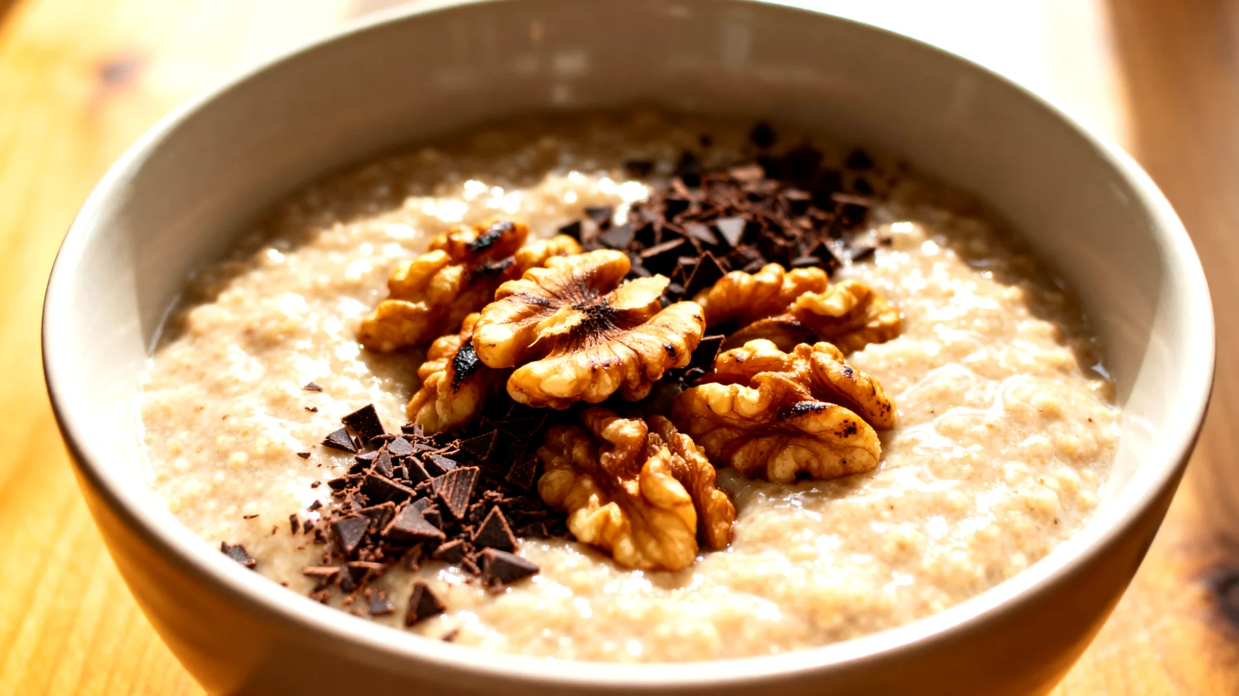 Amaranth-Porridge mit gerösteten Walnüssen und Kakao-Nibs"