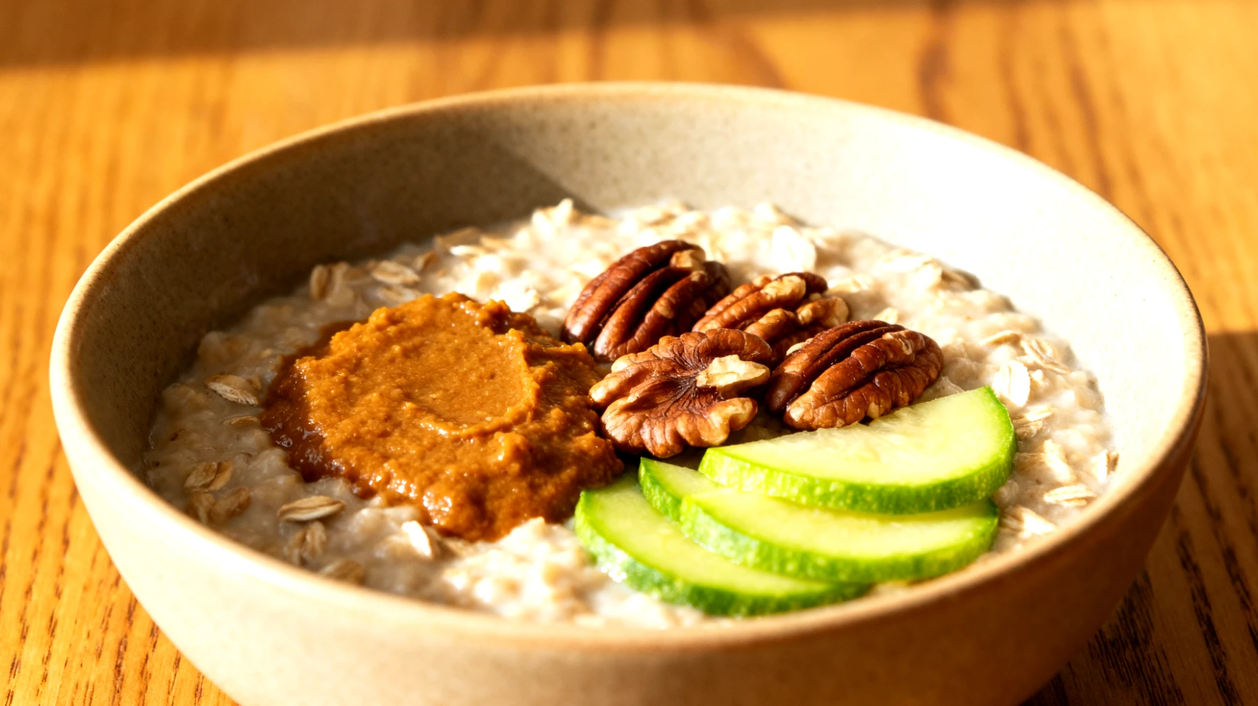Hafer-Miso-Bowl mit fermentierten Gemüsescheiben und Walnüssen"