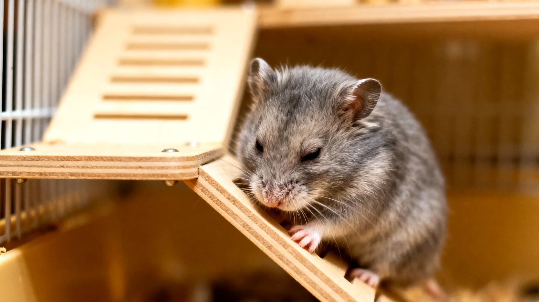 Ältere Hamster haben oft Schwierigkeiten beim Klettern und Bewegen in mehrstöckigen Käfigen, was zu Sturzgefahr und eingeschränkter Mobilität führt"