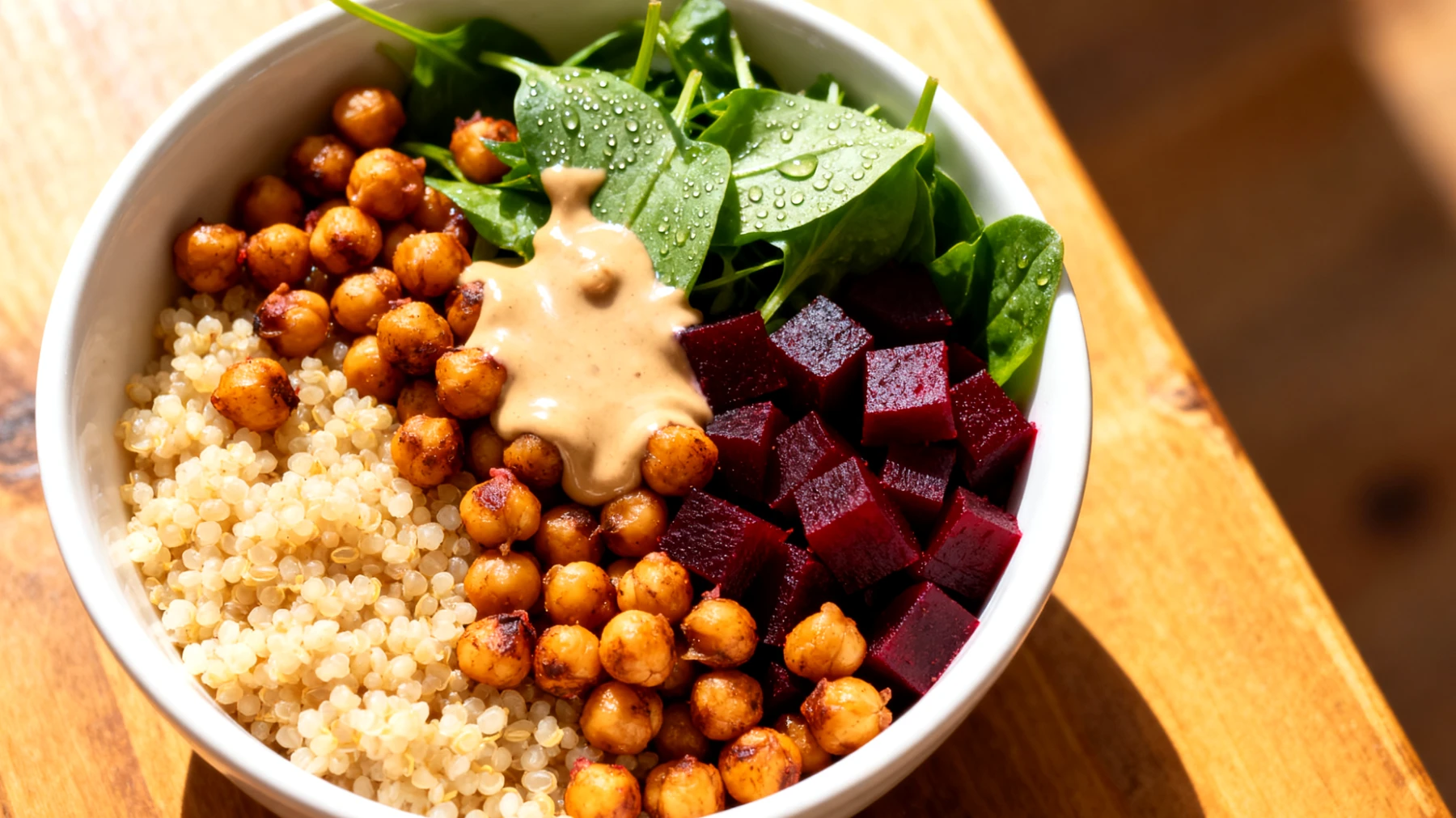 Hirse-Bowl mit gerösteten Kichererbsen, Rote Bete und Tahini-Dressing"