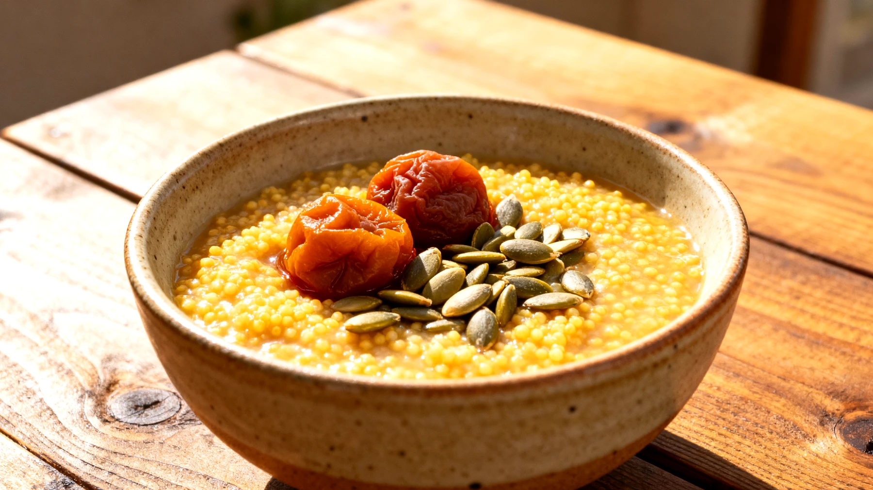 Hirse-Porridge mit fermentierten Pflaumen (Umeboshi) und Kürbiskernen"