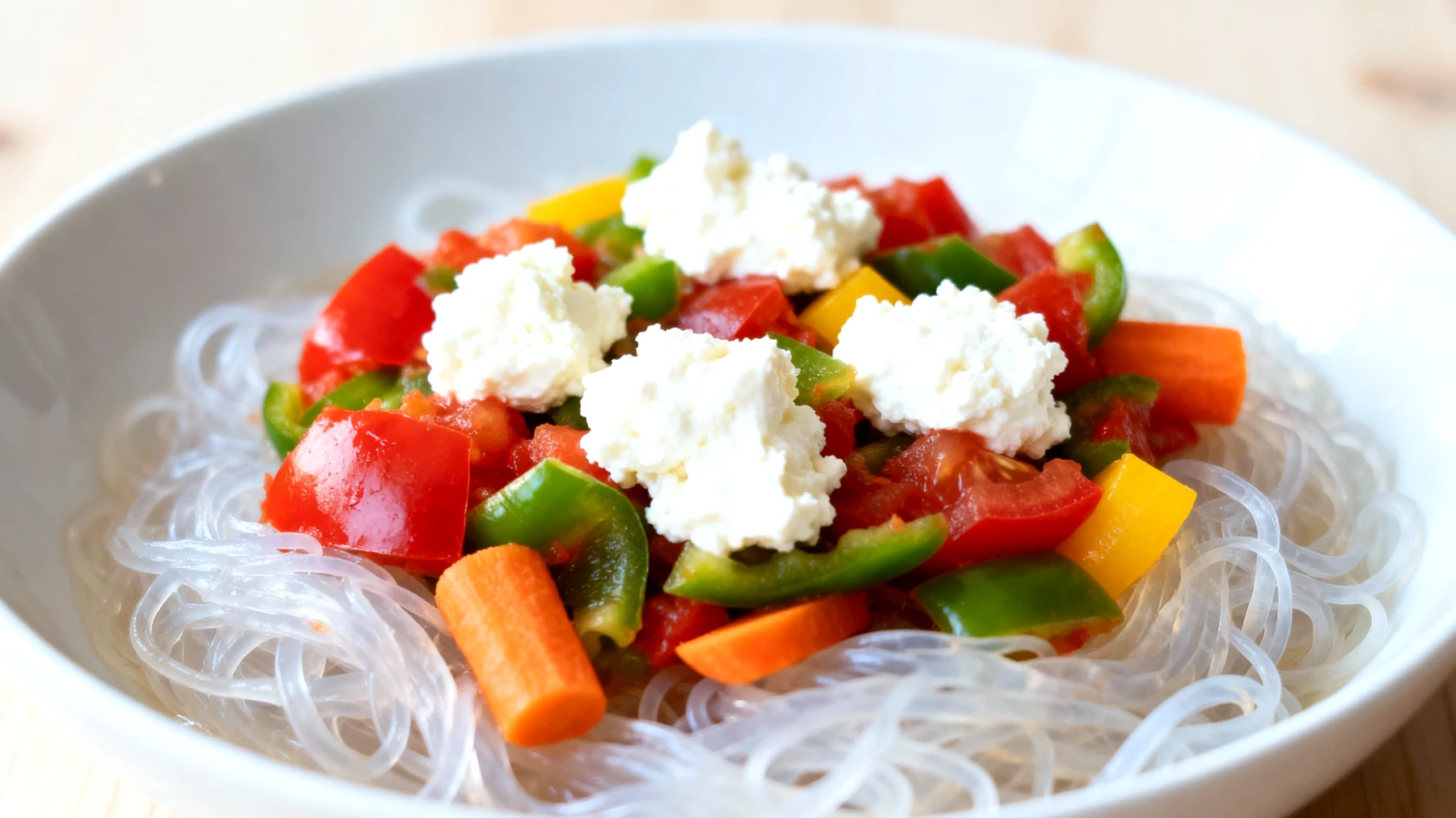Konjac-Nudeln (Shirataki) mit Gemüseragout und Hüttenkäse"