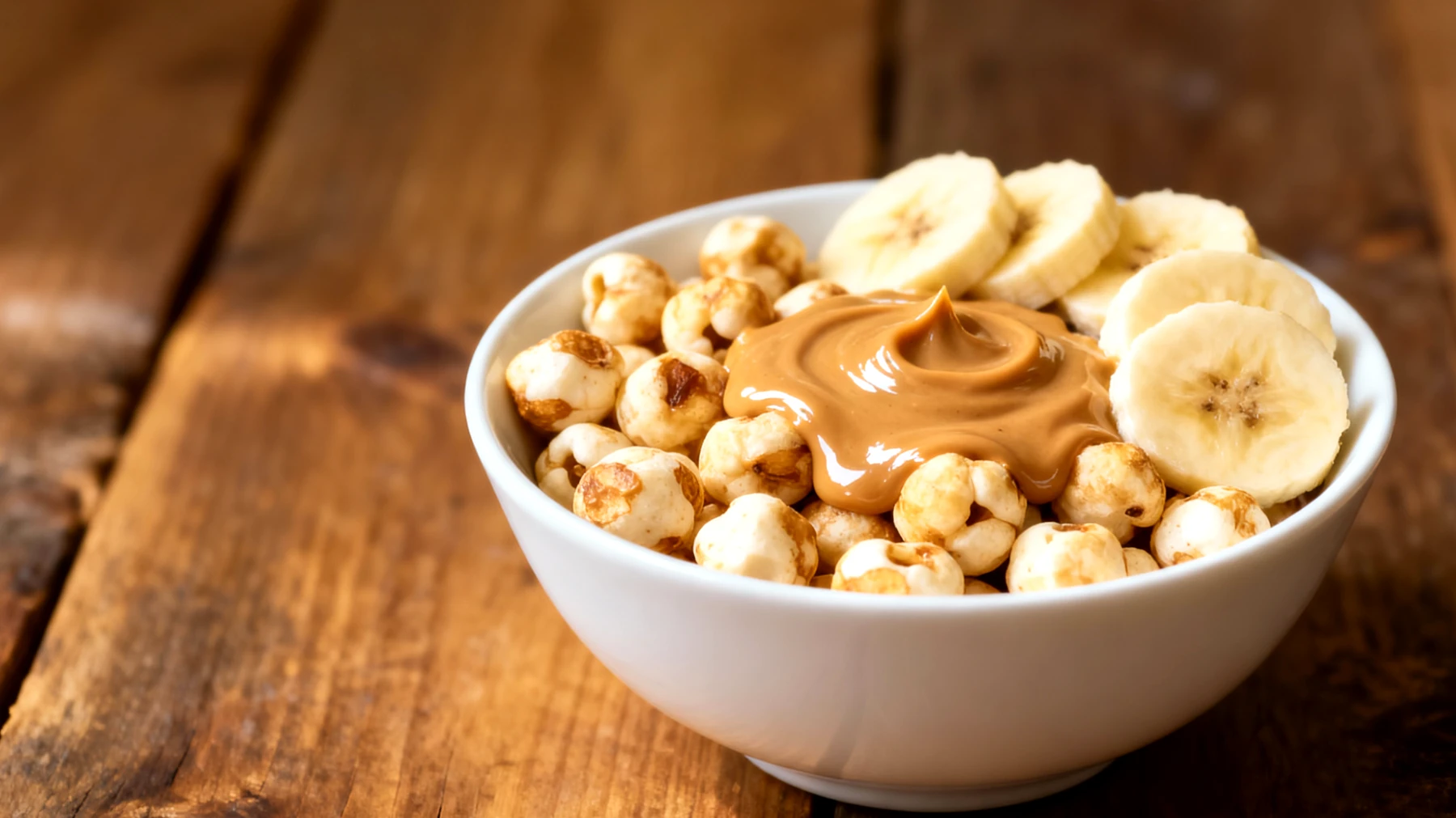 Makhana (geröstete Fuchsschwanzsamen) mit Mandelbutter und Bananenscheiben"