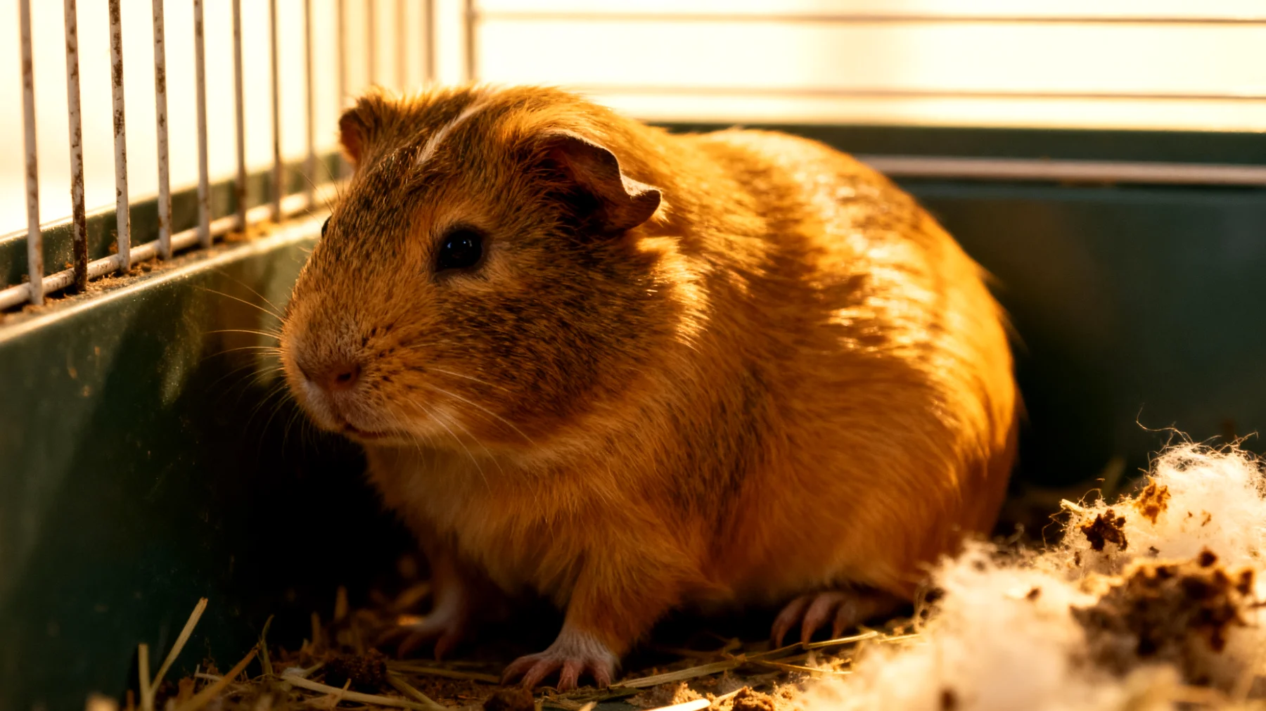 Junges Meerschweinchen leidet unter Verdauungsproblemen oder leichtem Durchfall nach der Umstellung auf neue Nahrung"