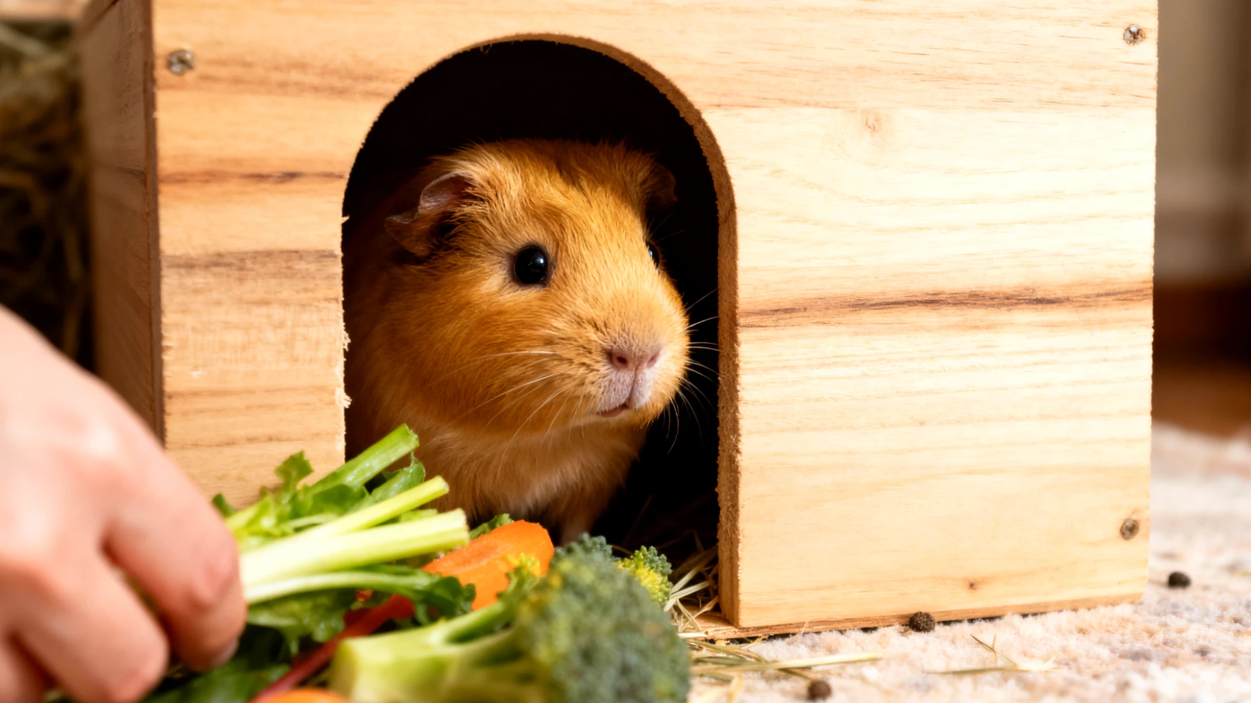 Meerschweinchen zeigen nach der Adoption oft Scheu und Unsicherheit in der neuen Umgebung, verstecken sich häufig und benötigen eine behutsame Eingewöhnungsphase, um Vertrauen zum neuen Besitzer aufzubauen"