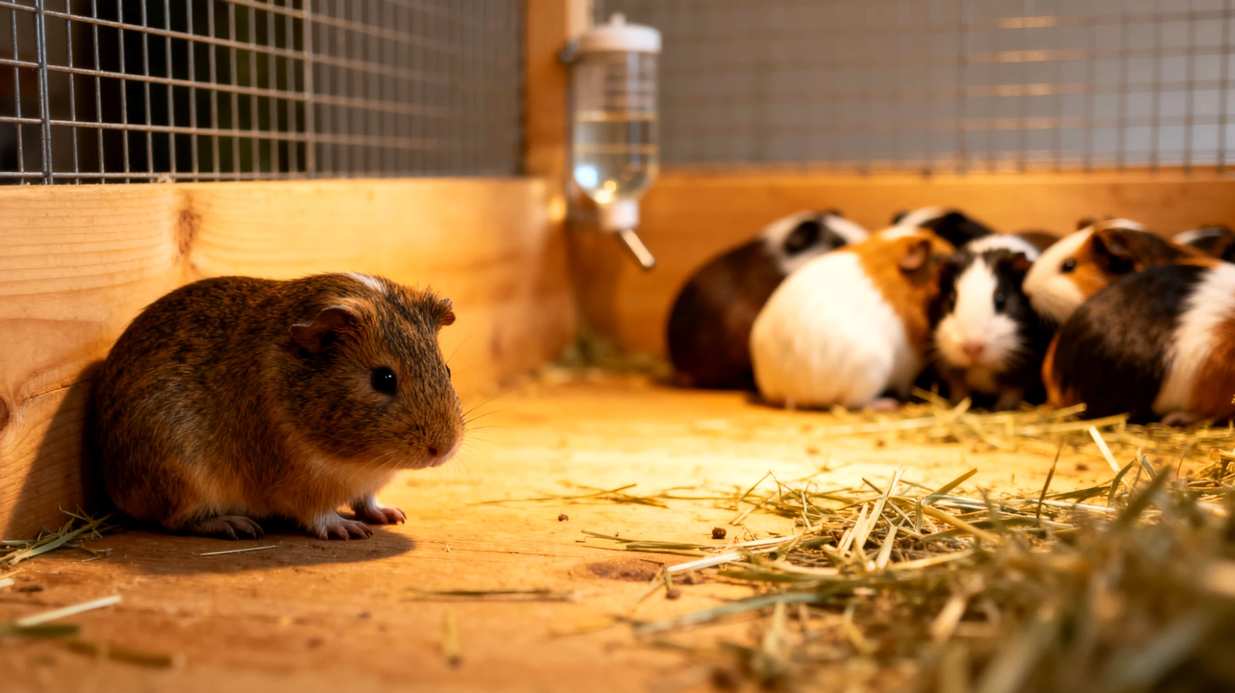 Meerschweinchen zeigt nach der Kastration Unsicherheit und Stress beim Eingewöhnen in die Gruppe, da es während der Genesungsphase isoliert war und nun seinen Platz in der sozialen Hierarchie wiederfinden muss"