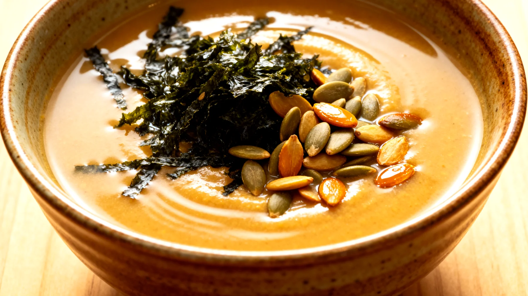 Miso-Suppe mit Wakame-Algen und Kürbiskernen"