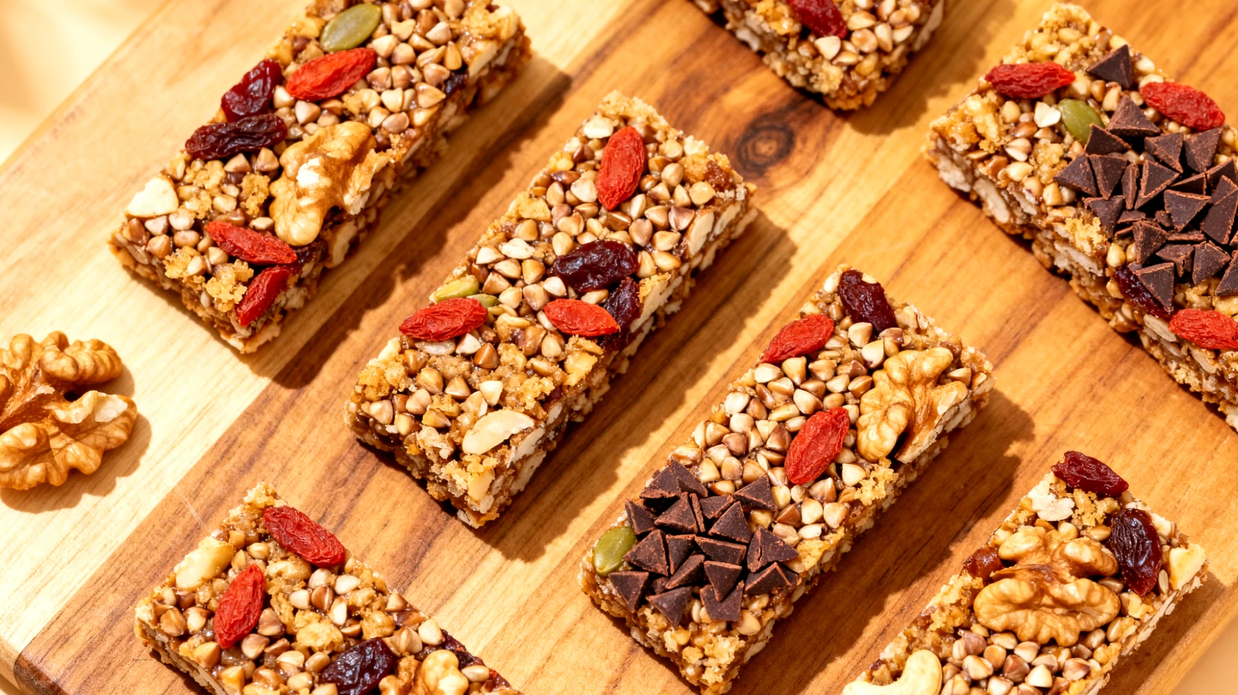 Walnuss-Buchweizen-Riegel mit Goji-Beeren und Kakao-Nibs"