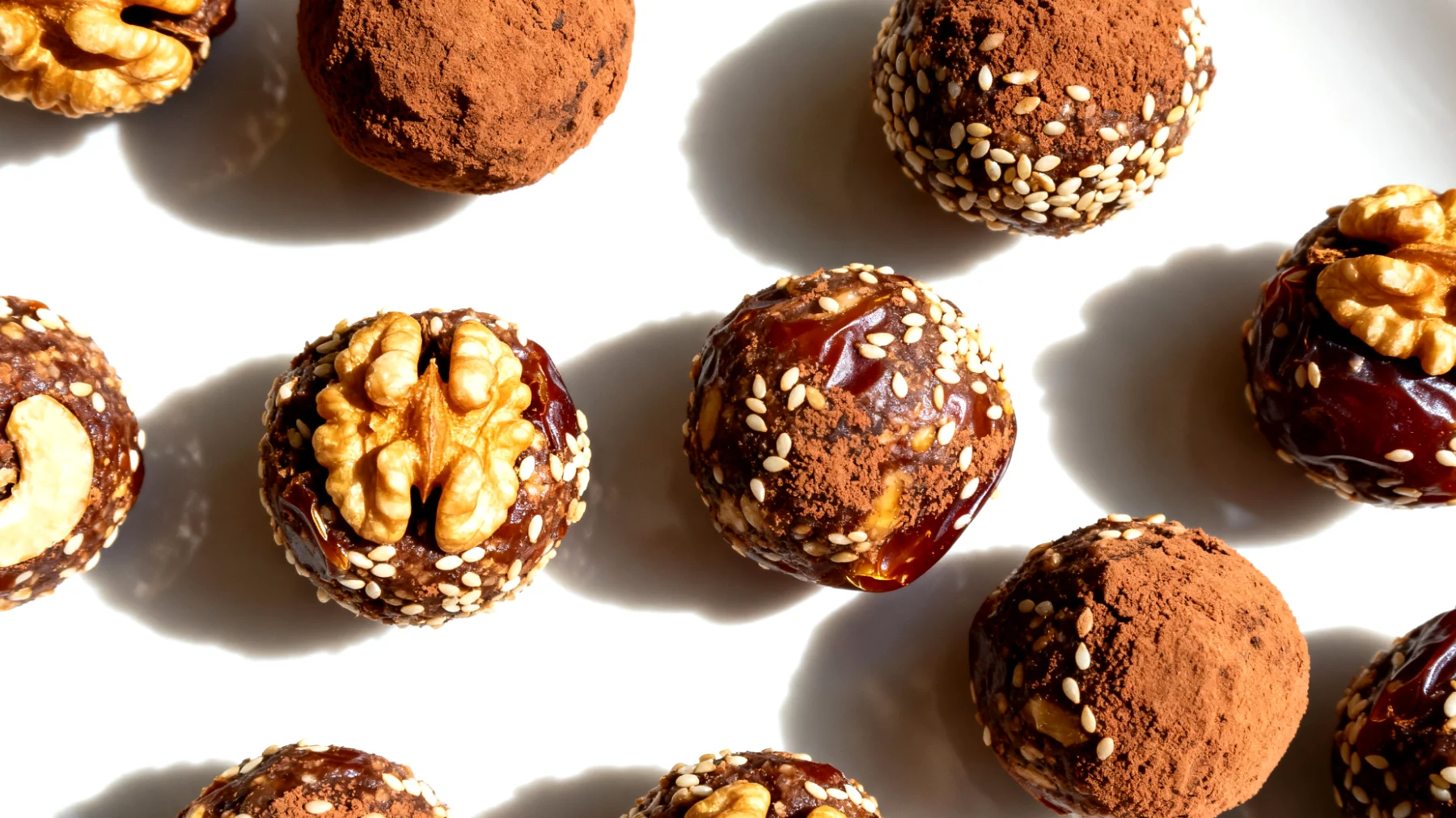 Walnuss-Kakao-Energiekugeln mit Sesam und Datteln"