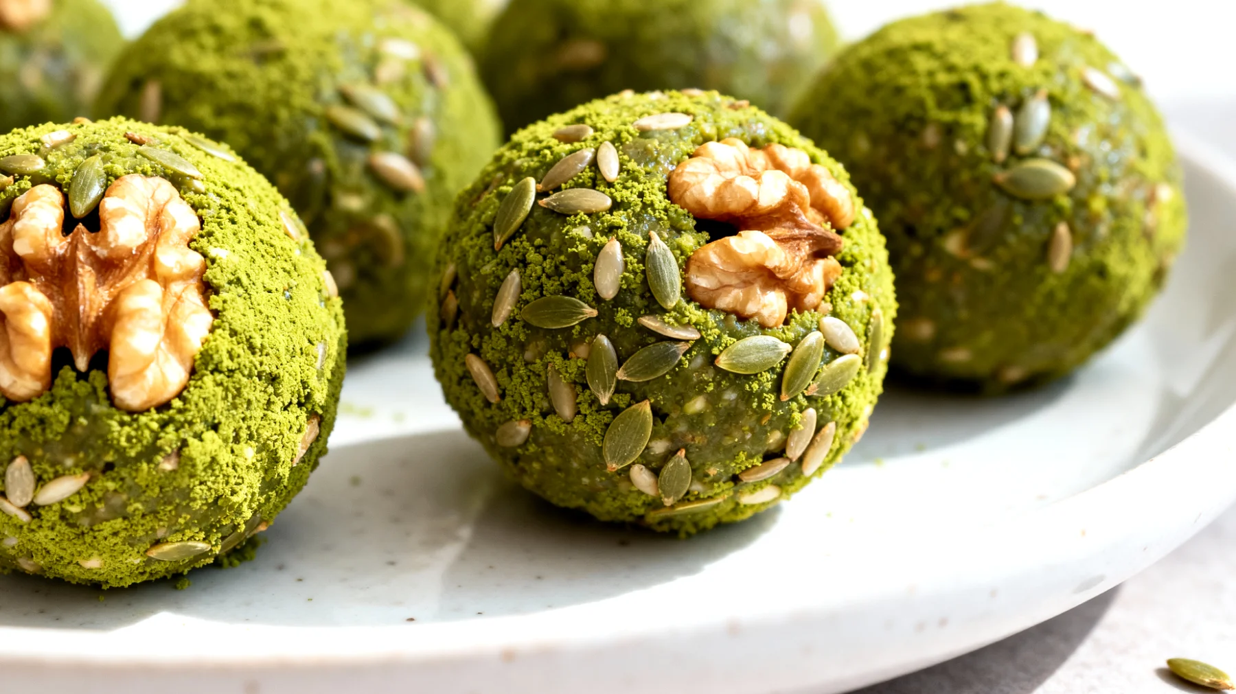 Walnuss-Matcha-Energiekugeln mit Hanfsamen"